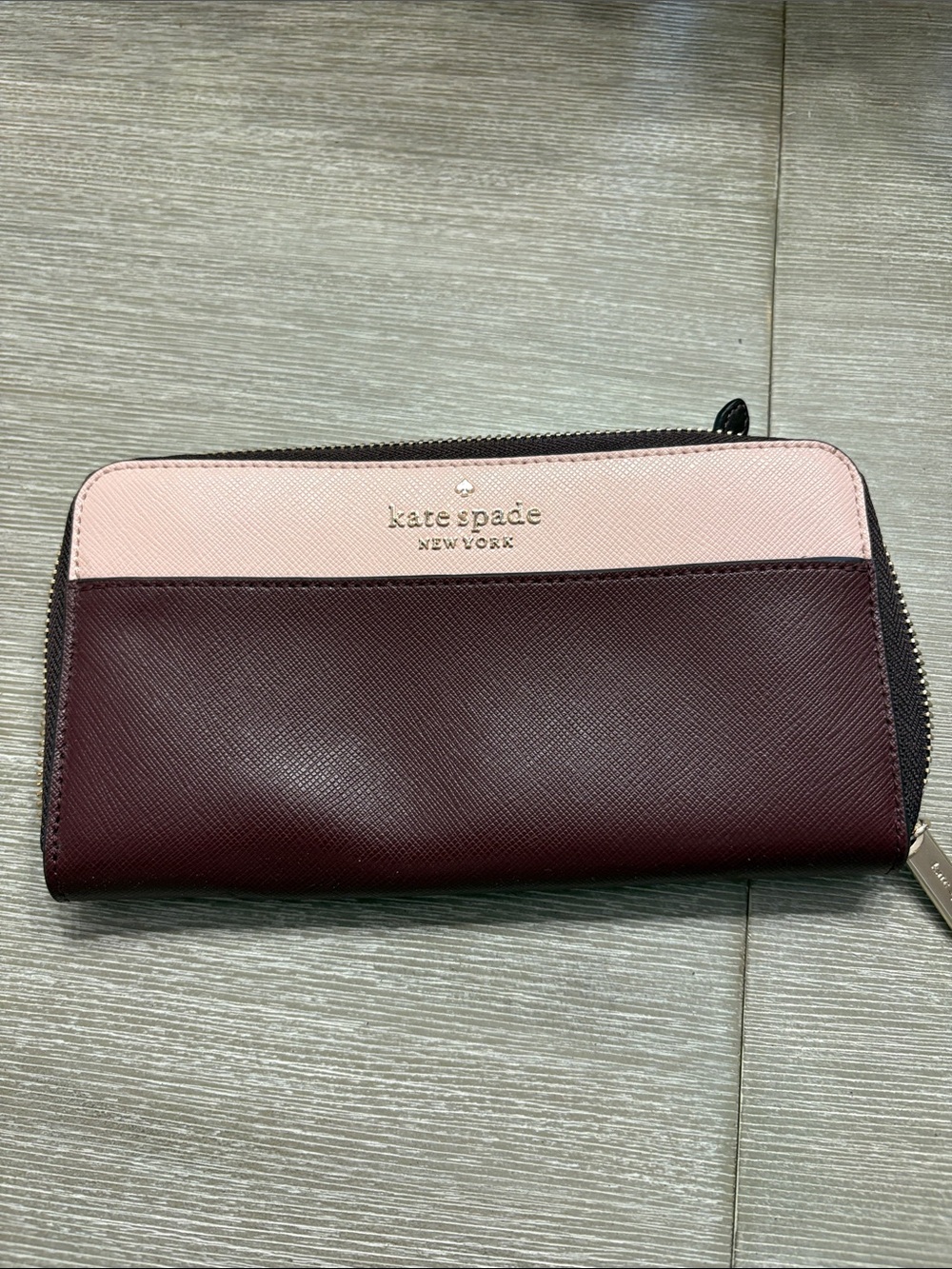 kate spade Two-Tone Pink and Burgundy Saffiano Zip Wallet